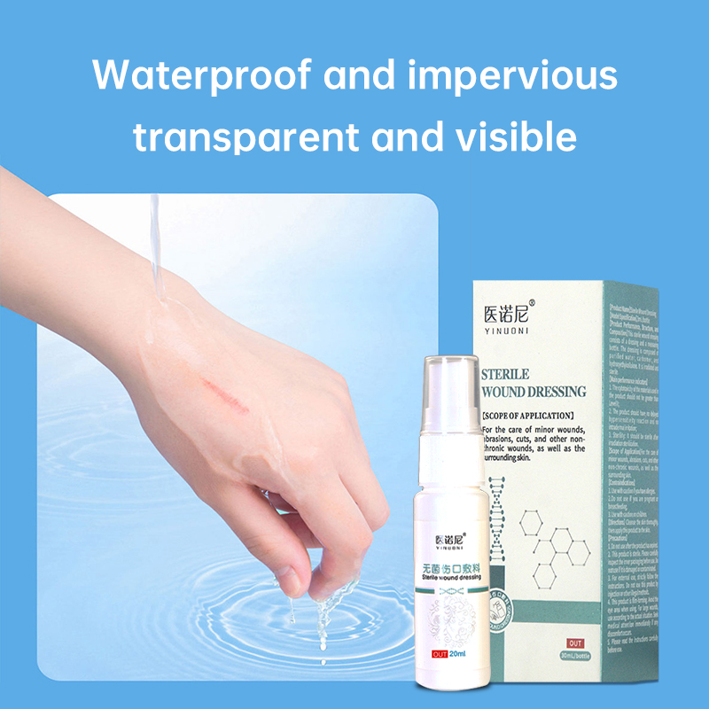 Skin-friendly sterile spray wound dressing for cuts, scrapes, lacerations, and burns. 30-second curing film, waterproof and quick-drying, for medical wound dressings for home use.