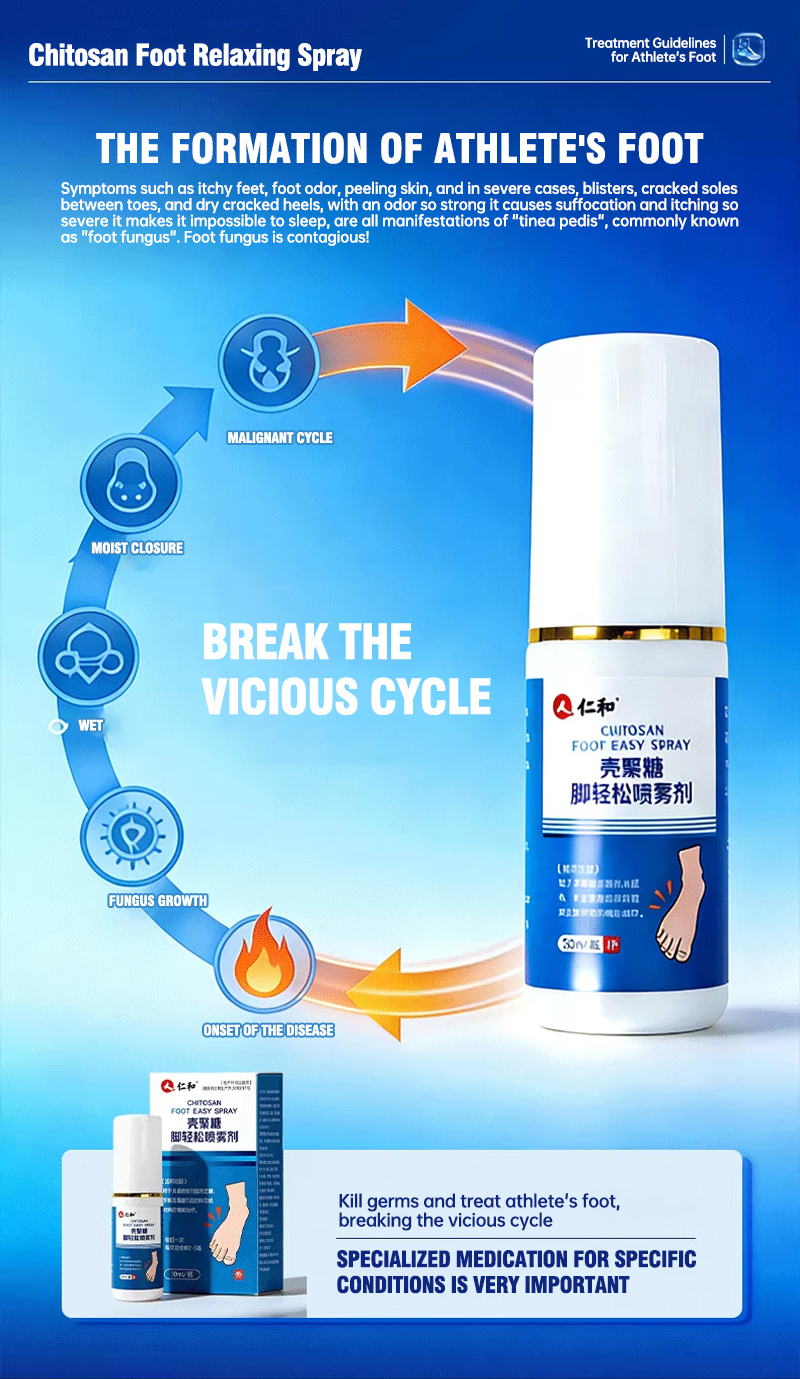 Renhe Medical Chitosan Athlete's Foot Spray. Relieves peeling, blisters, itching, sweaty feet, and fungal infections. Suitable for both men and women.