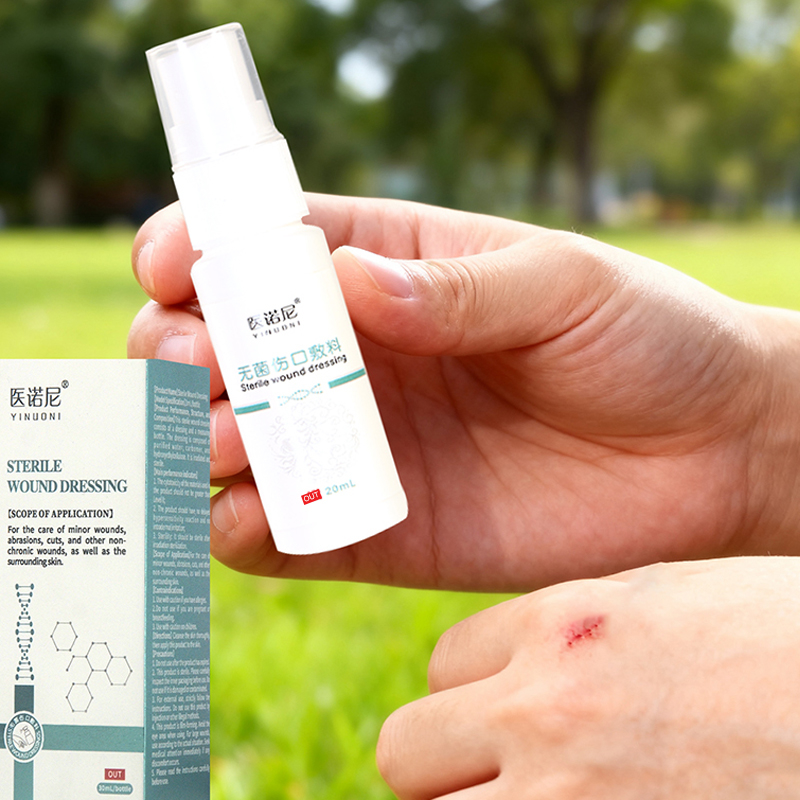 Skin-friendly sterile spray wound dressing for cuts, scrapes, lacerations, and burns. 30-second curing film, waterproof and quick-drying, for medical wound dressings for home use.